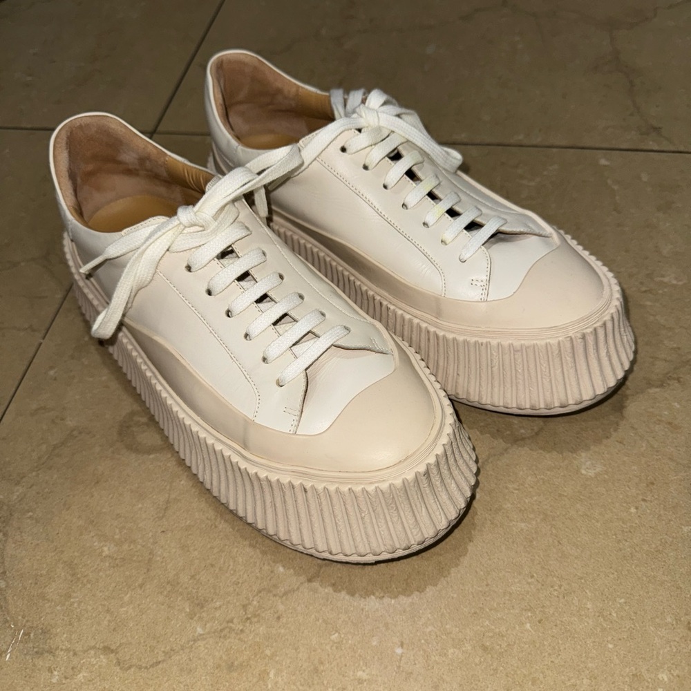 Jil Sander Women’s panelled low-top leather sneakers Cream Sz 8